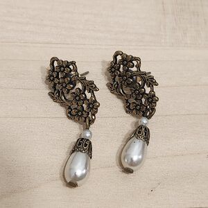 Vintage Ornate Floral Bronze Tone Pearl Charm Earrings Drop Dangle Pierced Ear